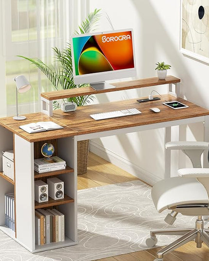 Small Computer Desk with LED Lights and Power Outlets 39.4 inch Home Office Desk with Storage Shelves, Writing Desk with Monitor Stand for Bedroom,Workstation, Walnut - LeafyLoom