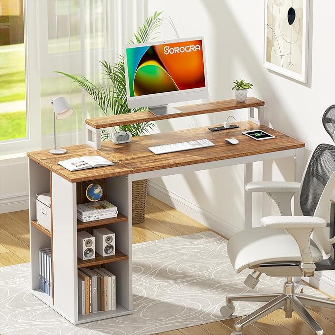 Small Computer Desk with LED Lights and Power Outlets 39.4 inch Home Office Desk with Storage Shelves, Writing Desk with Monitor Stand for Bedroom,Workstation, Walnut - LeafyLoom