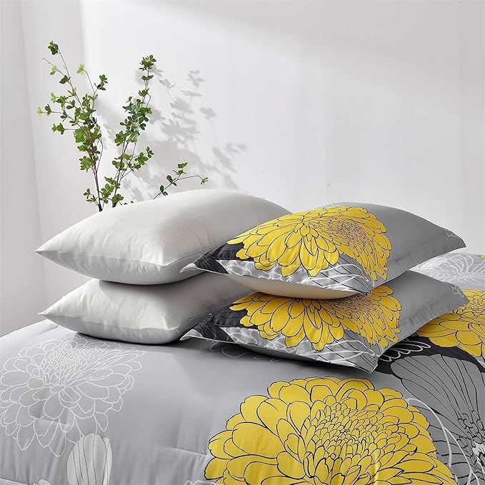 7 Pieces Bed in a Bag Comforter Set Yellow Floral Comforter Flowers Soft Microfiber Bedding Set King Size (1 Comforter 1 Flat Sheet 1 Fitted Sheet 2 Pillowshams 2 Pillowcases) - LeafyLoom