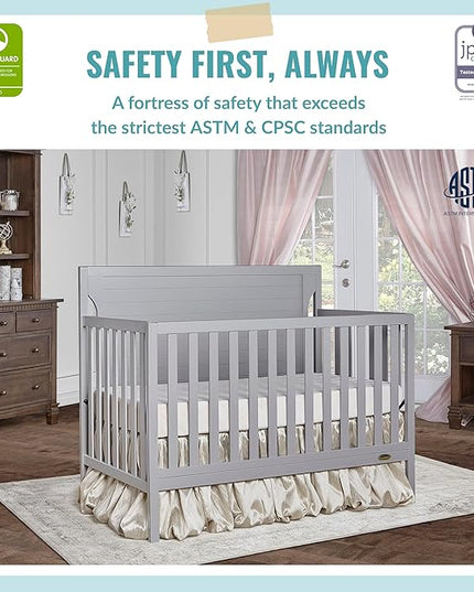 Cape Cod 5-In-1 Convertible Crib In Pebble Grey, Greenguard Gold And JPMA Certified, Built Of Sustainable New Zealand Pinewood, 3 Mattress Height Positions - LeafyLoom
