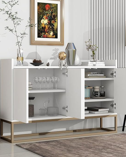 Sideboard Buffet Cabinet with Large Storage Space,Modern Particle Board Kitchen Console Table,W/ 4 Doors and Gold Metal Legs,Dining Room,Entryway,White, 47.2" - LeafyLoom