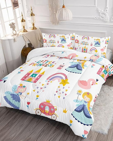 Datura home Girls Bedding Comforter Set Little Princess and Rainbow Castle Printed Pattern Quilt with 1 2 Pillowcases for Bedroom All Season(Princess Queen), Queen 90x90inches - LeafyLoom