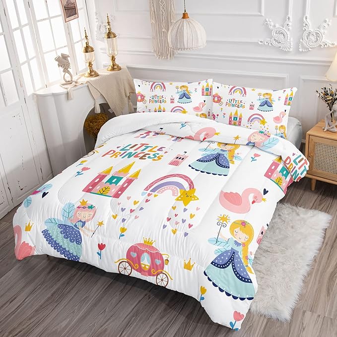 Datura home Girls Bedding Comforter Set Little Princess and Rainbow Castle Printed Pattern Quilt with 1 2 Pillowcases for Bedroom All Season(Princess Queen), Queen 90x90inches - LeafyLoom