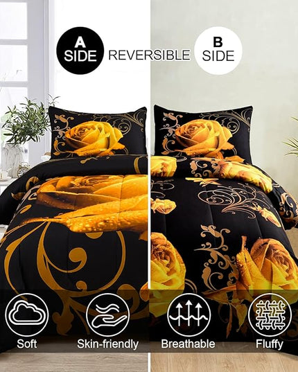 WONGS BEDDING Yellow Comforter Set King Reversible Yellow Rose Pattern Printed Bedding Comforter Set with 2 Pillowcases for All Seasons, Soft Microfiber Filling Bedding Set 103"x90" - LeafyLoom