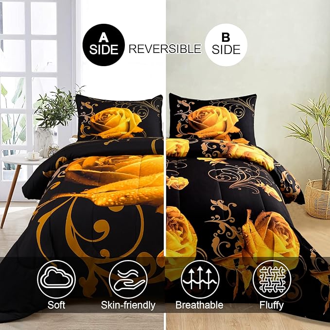 WONGS BEDDING Yellow Comforter Set King Reversible Yellow Rose Pattern Printed Bedding Comforter Set with 2 Pillowcases for All Seasons, Soft Microfiber Filling Bedding Set 103"x90" - LeafyLoom