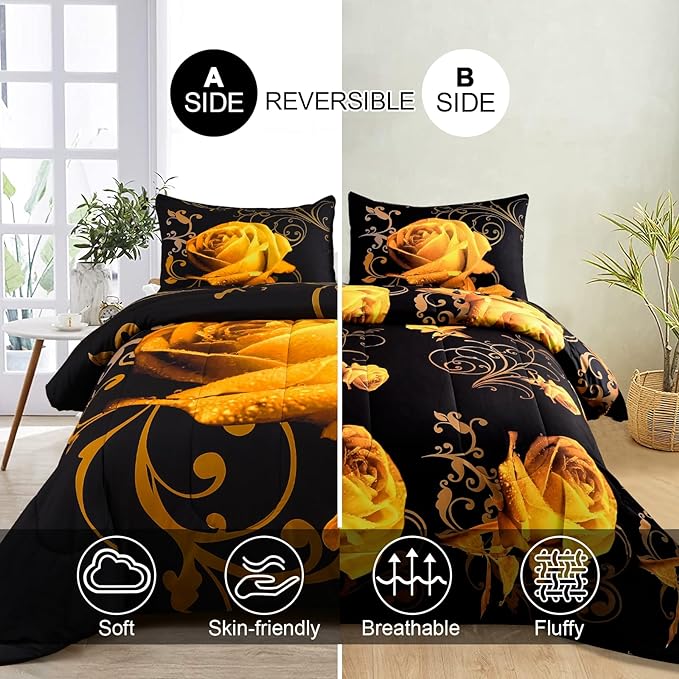 WONGS BEDDING Yellow Comforter Set Queen Reversible Yellow Rose Pattern Bedding Comforter with 2 Pillowcases for All Seasons, Soft Microfiber Filling Bedding Set 90"x90" - LeafyLoom