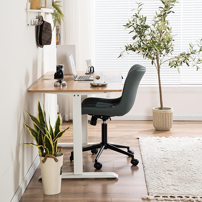 YOUNIKE Armless Office Chair Swivel Desk Chair with Wheels Upholstered Leather Computer Chair Adjustable Task Chair Modern Rolling Chair with Back, Greyish Green - LeafyLoom