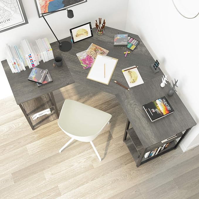Elephance Large L-Shaped Computer Desk with Shelves, Corner Desk, Home Office Writing Workstation, Gaming Desk PC Latop Table with Storage - LeafyLoom