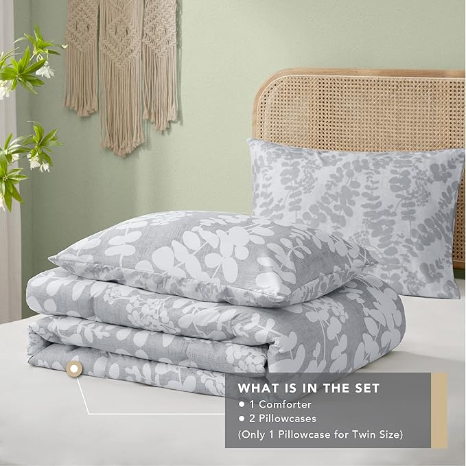 Codi Gray Floral Comforter Set Queen Size, Botanical Bedding Sets | Nature Style, Unique Reversible Design, Better for Spring and Summer | Leaf Print 3 Pieces - LeafyLoom