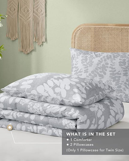 Codi Gray Floral Comforter Set King Size, Botanical Bedding Sets | Nature Style, Unique Reversible Design, Better for Spring and Summer | Leaf Print 3 Pieces - LeafyLoom