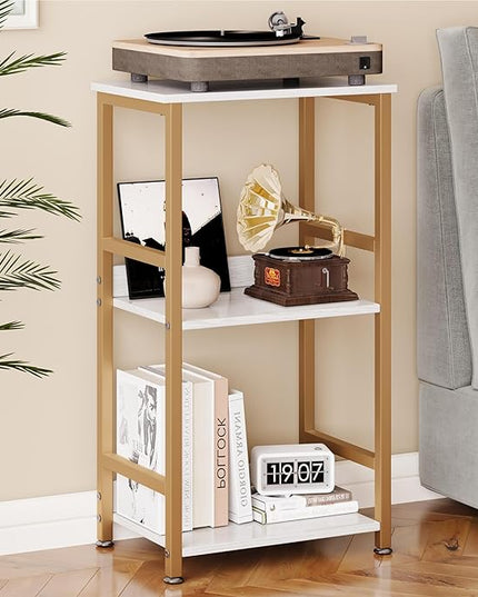 Small Bookshelf for Small Spaces, 3 Tier White and Gold Bookcase Night Stand, Narrow Gold Bedside Book Shelf, Short Bookshelf Storage Organizer for Bedroom, Living Room, Home, Office, White&Gold - LeafyLoom