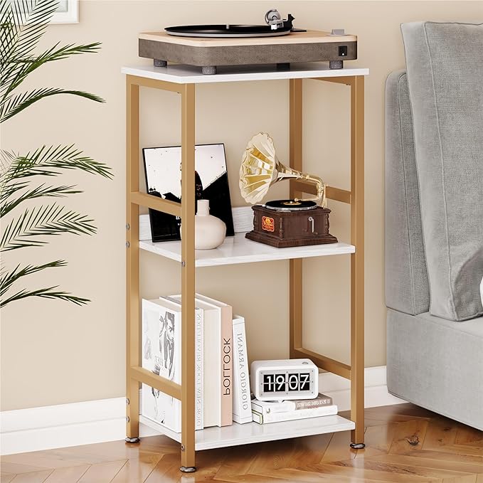 Small Bookshelf for Small Spaces, 3 Tier White and Gold Bookcase Night Stand, Narrow Gold Bedside Book Shelf, Short Bookshelf Storage Organizer for Bedroom, Living Room, Home, Office, White&Gold - LeafyLoom