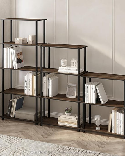 Furinno Turn-N-Tube 5-Tier Multipurpose Compact Display Rack, Shelving Unit, Bookcase, Columbia Walnut/Black - LeafyLoom