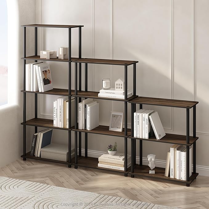 Furinno Turn-N-Tube 5-Tier Multipurpose Compact Display Rack, Shelving Unit, Bookcase, Columbia Walnut/Black - LeafyLoom