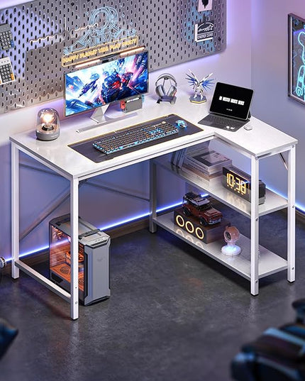 L Shaped Desk, 39 Inches Computer Desk with Reversible Storage Shelves, Gaming Desk, Corner Desk Home Office Desks, Writing Desk Study Desk with Metal Frame, White - LeafyLoom