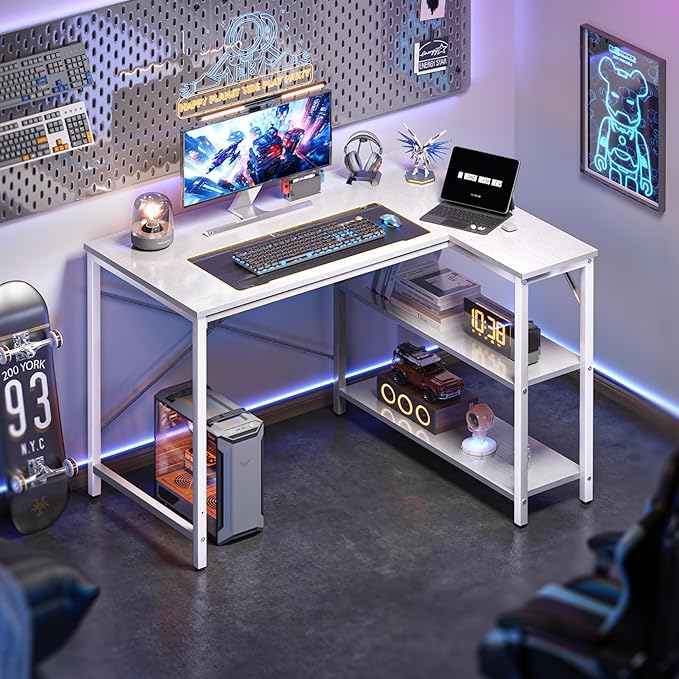 L Shaped Desk, 39 Inches Computer Desk with Reversible Storage Shelves, Gaming Desk, Corner Desk Home Office Desks, Writing Desk Study Desk with Metal Frame, White - LeafyLoom
