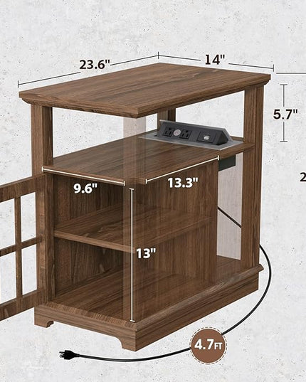 HIFYOBRO Narrow End Table with Flip Top Charging Station and Storage Cabinet, Type-C & USB port & Power outlets, Adjustable Shelf, Narrow Side Table with Storage for Living Room and Bedroom - LeafyLoom