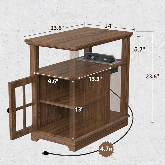 HIFYOBRO Narrow End Table with Flip Top Charging Station and Storage Cabinet, Type-C & USB port & Power outlets, Adjustable Shelf, Narrow Side Table with Storage for Living Room and Bedroom - LeafyLoom