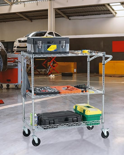 VEVOR Kitchen Utility Cart, 3 Tiers, Wire Rolling Cart with 661 LBS Capacity, Steel Service Cart on Wheels, Metal Storage Trolley with 80 mm Deep Basket Curved Handle PP Liner 6 Hooks, NSF Listed - LeafyLoom