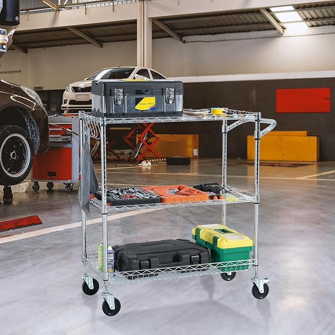 VEVOR Kitchen Utility Cart, 3 Tiers, Wire Rolling Cart with 661 LBS Capacity, Steel Service Cart on Wheels, Metal Storage Trolley with 80 mm Deep Basket Curved Handle PP Liner 6 Hooks, NSF Listed - LeafyLoom
