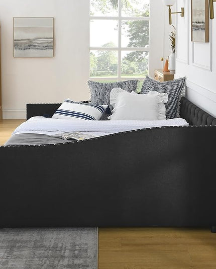 Queen Size Mid-Century Daybed, 2 Storage Drawers,Linen Button Upholstered Tufted Bed, Copper Nail on Waved Shape Arms, No Box Spring Needed,for Bedroom, Livingroom - LeafyLoom