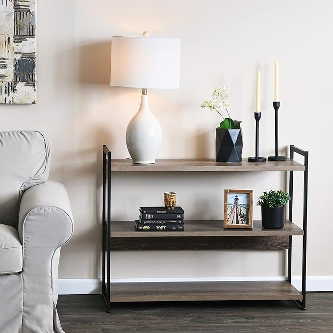 Household Essentials Ashwood 3 Tier Storage Shelf with Metal, Grey Shelves – Black Frame - LeafyLoom