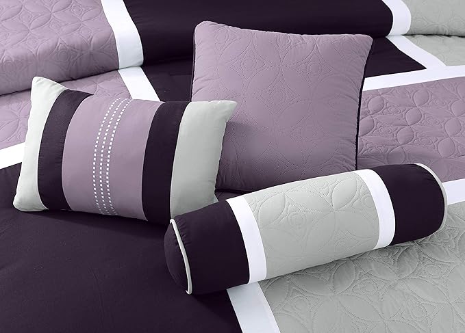 Chezmoi Collection Upland 7-Piece Quilted Patchwork Comforter Set, Lavender/Gray/Purple, Queen - LeafyLoom