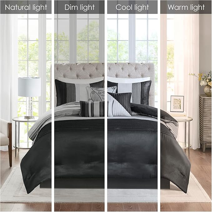 Madison Park Amherst Faux Silk Comforter Set-Casual Contemporary Design All Season Down Alternative Bedding, Matching Shams, Bedskirt, Decorative Pillows, King(104"x92"), Black, 7 Piece (MP10-226) - LeafyLoom