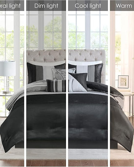 Madison Park Amherst Faux Silk Comforter Set-Casual Contemporary Design All Season Down Alternative Bedding, Matching Shams, Bedskirt, Decorative Pillows, Queen(90"x90"), Black, 7 Piece (MP10-225) - LeafyLoom