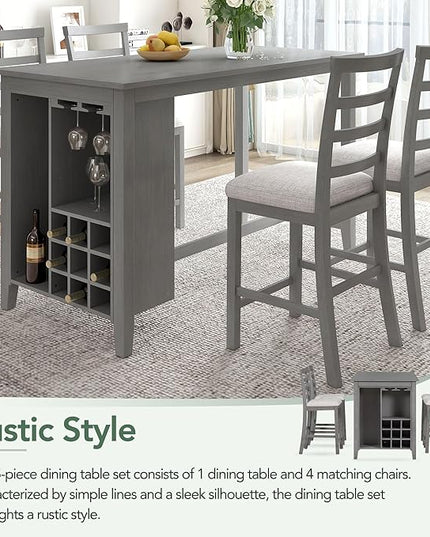 5 Piece Multi-Functional Rubber Wood Counter Height Dining Table Set with Padded Chairs and Integrated 9 Bar Compartment, Wine Glass Holders for Kitchen, Living Room, Grey+Light Gray - LeafyLoom