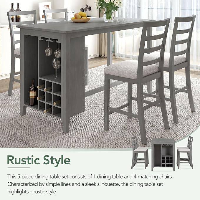 5 Piece Multi-Functional Rubber Wood Counter Height Dining Table Set with Padded Chairs and Integrated 9 Bar Compartment, Wine Glass Holders for Kitchen, Living Room, Grey+Light Gray - LeafyLoom