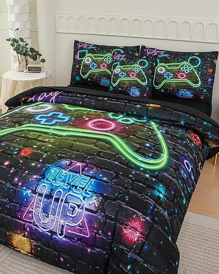 NINENINE 6PCS Gamer Bedding Sets for boys,Twin Comforter Sets for Boys, Gaming Bedding Sets for boys gamer Bedding Comforter Sheet Set(1Comforter,1Flat Sheet,1Fitted Sheet,1Cushion Cover,2Pillowcases - LeafyLoom