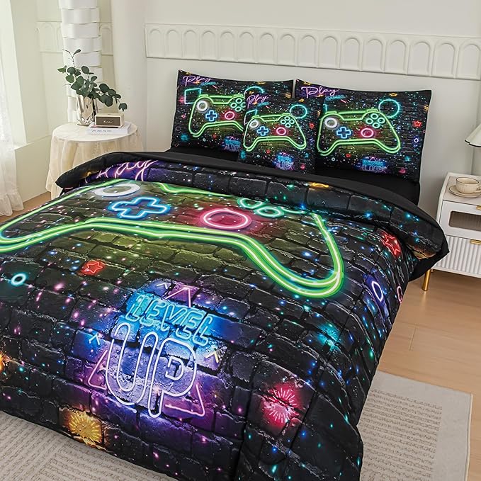 NINENINE Gamer Bedding Sets, 6PCS Full Size Comforter Size for Boys,Gaming Bedding Sets for Boys Bed in A Bag Gamer Comforter Sets(1Comforter,1Flat Sheet,1Fitted Sheet,1Cushion Cover,2Pillowcases)… - LeafyLoom