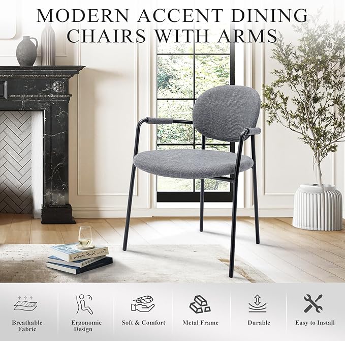 COLAMY Dining Chairs Set of 4, Fabric Dining Chairs Set of 4 with Arms, Upholstered Small Dining Armchairs with Back for Kitchen, Dining Room, Grey - LeafyLoom