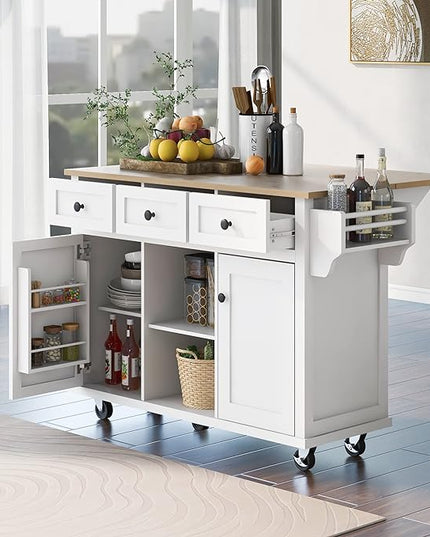 Cart with Drop-Leaf Countertop, Kitchen Island on 5 Universal Wheels with Open Shelves, Storage Cabinet and 3 Drawers, Large Rubberwood Top Breakfast Bar for Dining Room, White, 53.1 Inch - LeafyLoom