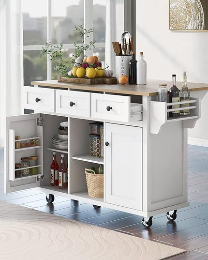 Kitchen Cart with Rubber Wood Drop-Leaf Countertop, Kitchen Island On 5 Wheels with Storage Cabinet, 3 Drawers and Internal Storage Racks, Rolling Mobile Portable Serving Carts (Ivory) - LeafyLoom