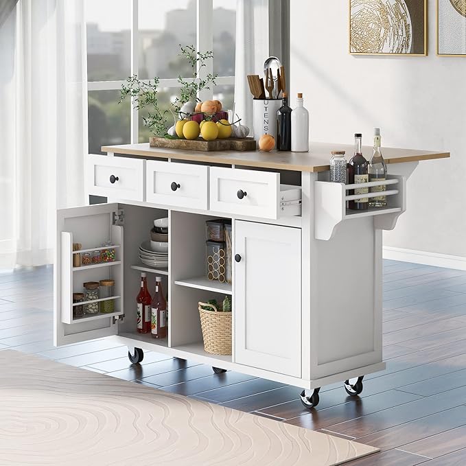 Kitchen Cart with Rubber Wood Drop-Leaf Countertop, Kitchen Island On 5 Wheels with Storage Cabinet, 3 Drawers and Internal Storage Racks, Rolling Mobile Portable Serving Carts (Ivory) - LeafyLoom