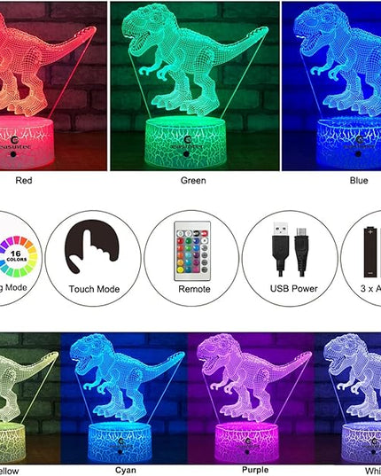easuntec Dinosaur Toys 3D Night Light with Remote & Smart Touch 7 Colors + 16 Colors Changing Dimmable TRex Toys 1 2 3 4 5 6 7 8 Year Old Boy or Girl Gifts (TRex 16WT) - LeafyLoom