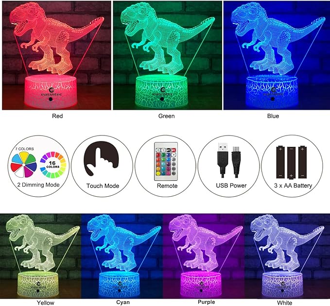 easuntec Dinosaur Toys 3D Night Light with Remote & Smart Touch 7 Colors + 16 Colors Changing Dimmable TRex Toys 1 2 3 4 5 6 7 8 Year Old Boy or Girl Gifts (TRex 16WT) - LeafyLoom