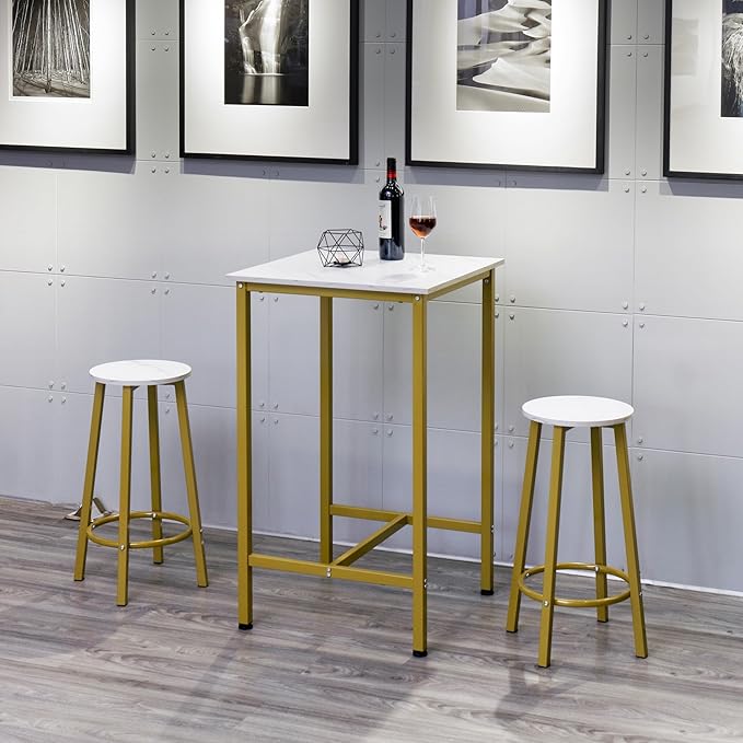 Finnhomy Bar Table Set, 23.6" Pub Table High Top Table, Square Bar Height Table, Bar Table with Stools, Kitchen Table Set for 2, Industrial Breakfast for Kitchen, Living Room, Gold - LeafyLoom