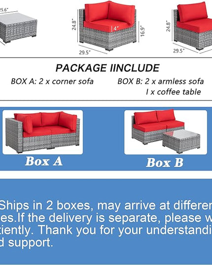 Shintenchi 5 Pieces Outdoor Patio Sectional Sofa Couch, Silver Gray PE Wicker Furniture Conversation Sets with Washable Cushions & Glass Coffee Table for Garden, Poolside, Backyard (Red) - LeafyLoom