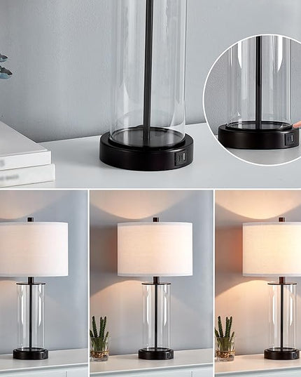 23.5'' Glass Table Lamp Set of 2 for Living Room, 3-Way Touch Control Table Lamps with USB Ports and AC Outlets(Bulbs Included) - LeafyLoom