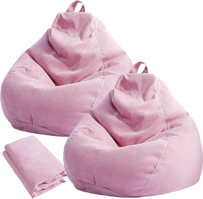 2 Pcs Bean Bag Cover Stuffed Animal Storage Bean Bag Chair Cover Soft Corduroy Stuffed Animal Bean Bag Storage for Kids Adults Indoor Bedroom Organizing Plush Toys(Pink, 100L) - LeafyLoom