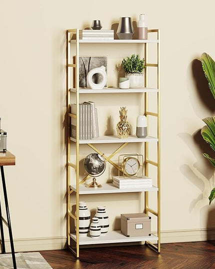 Shintenchi 5 Tiers Bookshelf, Classically Tall Bookcase Shelf, Industrial Book Rack, Modern Book Holder in Bedroom/Living Room/Home/Office, Storage Rack Shelves for Books/Movies,Gold - LeafyLoom
