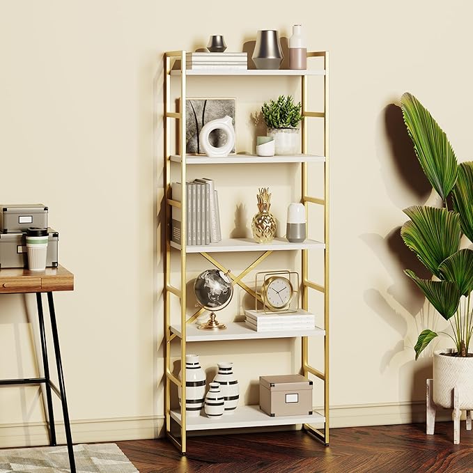 Shintenchi 5 Tiers Bookshelf, Classically Tall Bookcase Shelf, Industrial Book Rack, Modern Book Holder in Bedroom/Living Room/Home/Office, Storage Rack Shelves for Books/Movies,Gold - LeafyLoom
