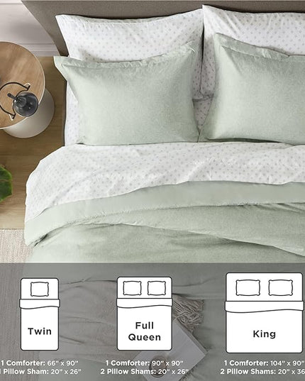 Degrees of Comfort Sage Green Comforter Set Queen Size, Lightweight for Summer with Soft Chambray Print Cover, Down Alternative Filling, 3 Pieces Bedding Including 1 Comforter, 2 Pillow Shams - LeafyLoom