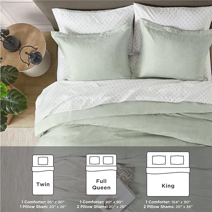 Degrees of Comfort Sage Green Comforter Set Queen Size, Lightweight for Summer with Soft Chambray Print Cover, Down Alternative Filling, 3 Pieces Bedding Including 1 Comforter, 2 Pillow Shams - LeafyLoom