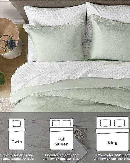 Degrees of Comfort Sage Green Comforter Set King Size, Lightweight Summer Comforters, Soft Chambray Print Cover, Down Alternative Filling, 3 Pieces Bedding Sets Including 1 Comforter and 2 Pillow Sham - LeafyLoom