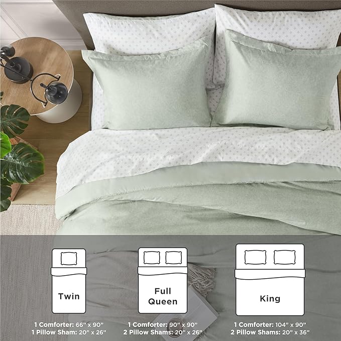 Degrees of Comfort Sage Green Comforter Set Twin Size, Lightweight Summer Comforters, Soft Chambray Print Cover, Down Alternative Filling, 2 Pieces Bedding Sets Including 1 Comforter and 1 Pillow Sham - LeafyLoom