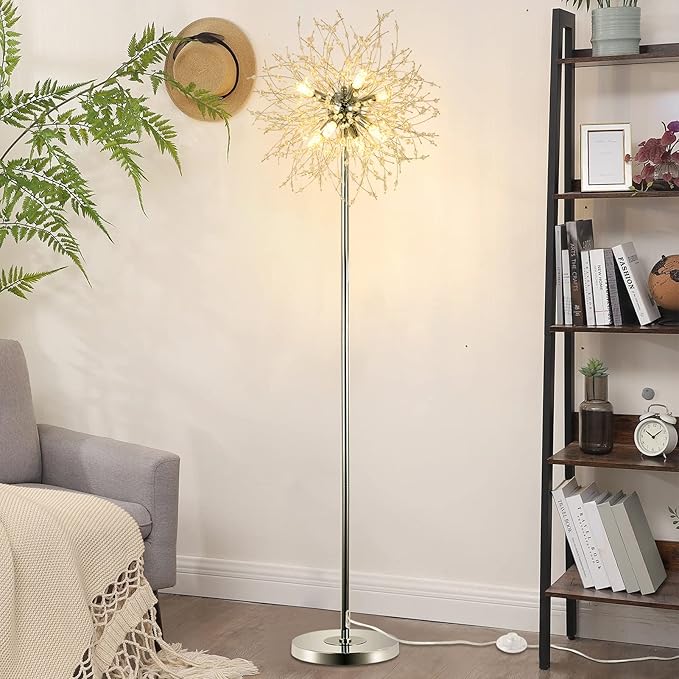 Airposta Crystal Floor Lamp for Bedroom, Floor Lamp for Living Room, Elegant Standing Lamp, 69" Tall Pole Lamp, Modern Floor Lamp for Room Decor, 32 Firework Crystal Harnesses Included, Chrome Finish - LeafyLoom